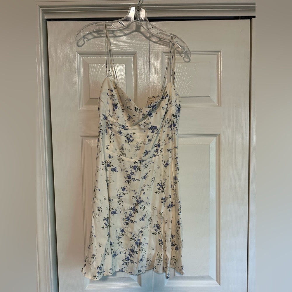 Reformation Blue and Cream Slip Dress for Wedding Guest